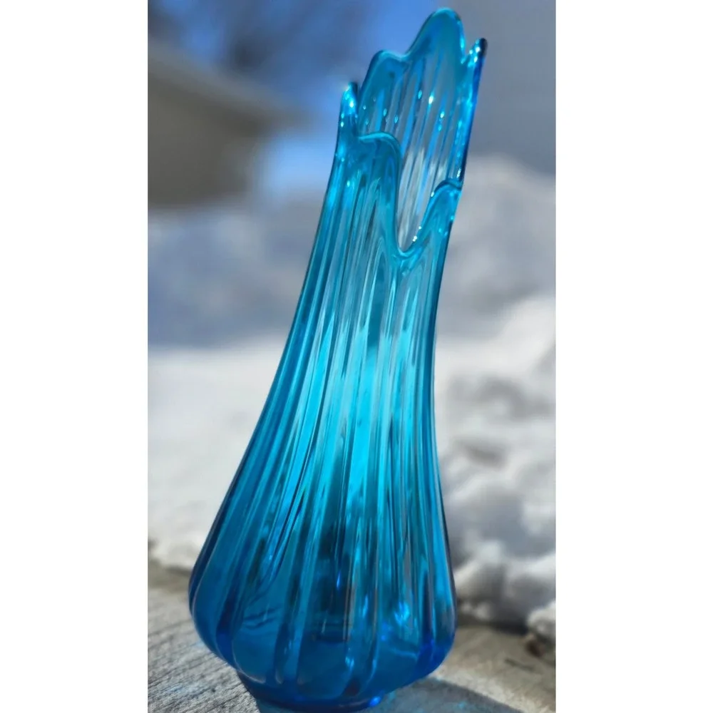 Vintage MCM‎ LE Smith Crystal Blue Swung Glass Ribbed Floor Vase 18 Inch